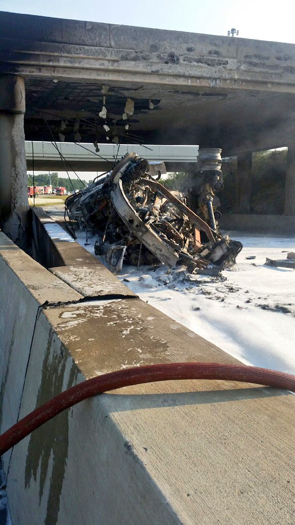 A ground-level view of the aftermath of Wednesday's tanker truck fire.