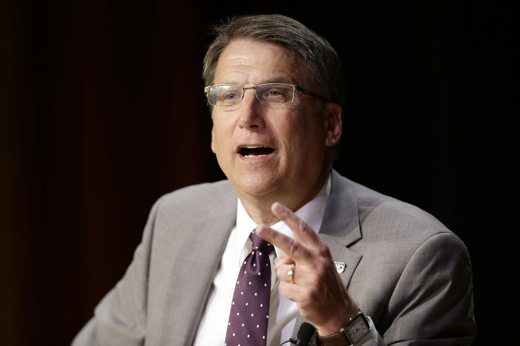 FILE- In this May 4, 2016, file photo, North Carolina Gov. Pat McCrory makes remarks concerning House Bill 2, which limits protections to lesbian, gay, bisexual and transgender people, while speaking during a government affairs conference in...