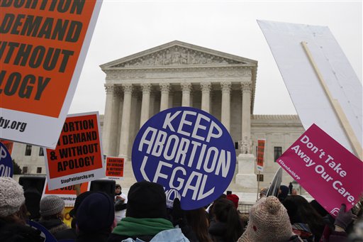 FILE - In this Jan. 22, 2016 file photo, pro-abortion rights signs are seen during the March for Life 2016, in front of the U.S. Supreme Court in Washington. The Supreme Court will not allow North Dakota to enforce a law banning abortions when a...