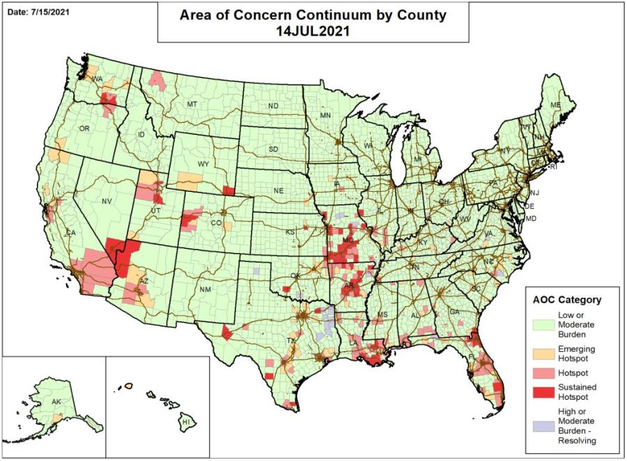 CDC COVID hotspot map July 16