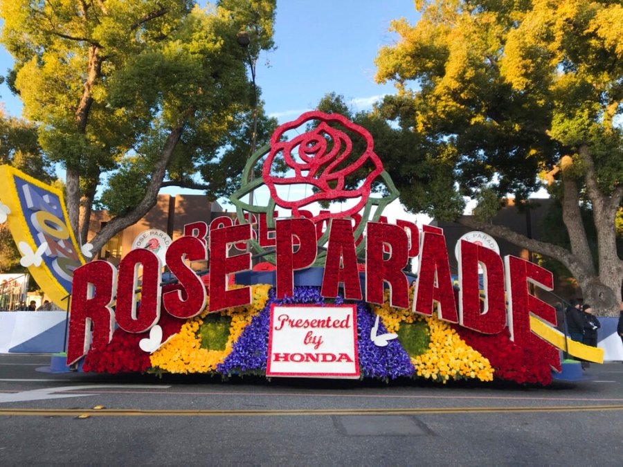 FILE - In this Jan. 1, 2020, file photo, a 2020 Rose Parade float is seen at the start of the route at the 131st Rose Parade in Pasadena, Calif. The Rose Parade and Rose Bowl college football game between Ohio State and Utah were set to go forward on New Year's Day despite surging cases of COVID-19, which forced the cancelation of the 2021 parade. (AP Photo/Michael Owen Baker, File)