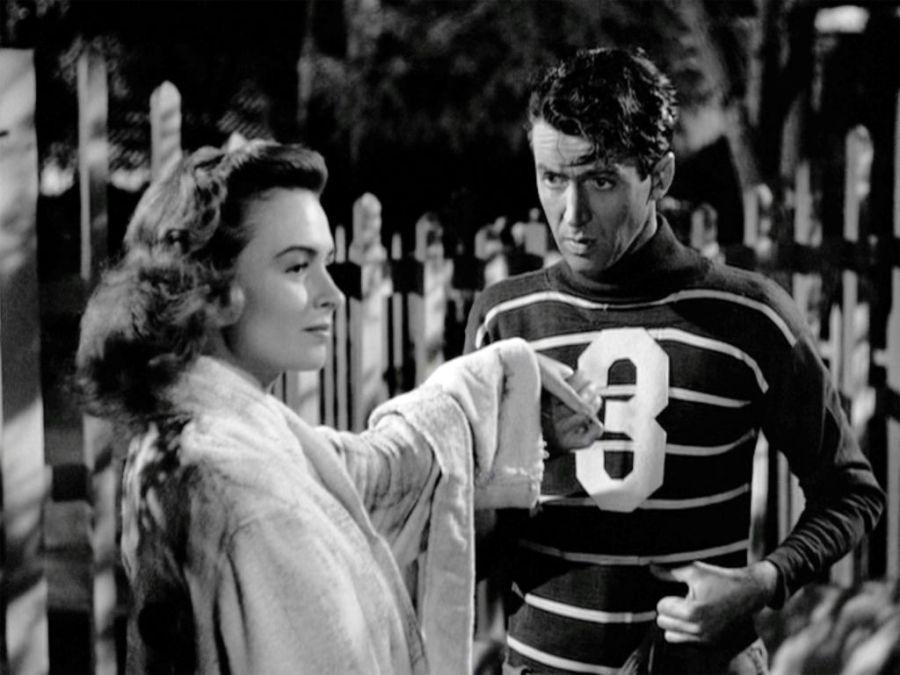 The movie "It's a Wonderful Life", produced and directed by Frank Capra. Seen here from left, Donna Reed as Mary Hatch and James Stewart as George Bailey. Premiered December 20, 1946; theatrical wide release January 7, 1947. Screen capture. Paramount Pictures. (Photo by CBS via Getty Images)