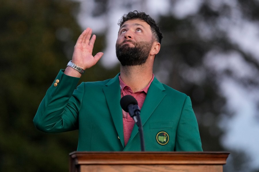 Jon Rahm, of Spain, celebrates winning the Masters golf tournament at Augusta National Golf Club on Sunday, April 9, 2023, in Augusta, Ga. (AP Photo/David J. Phillip)