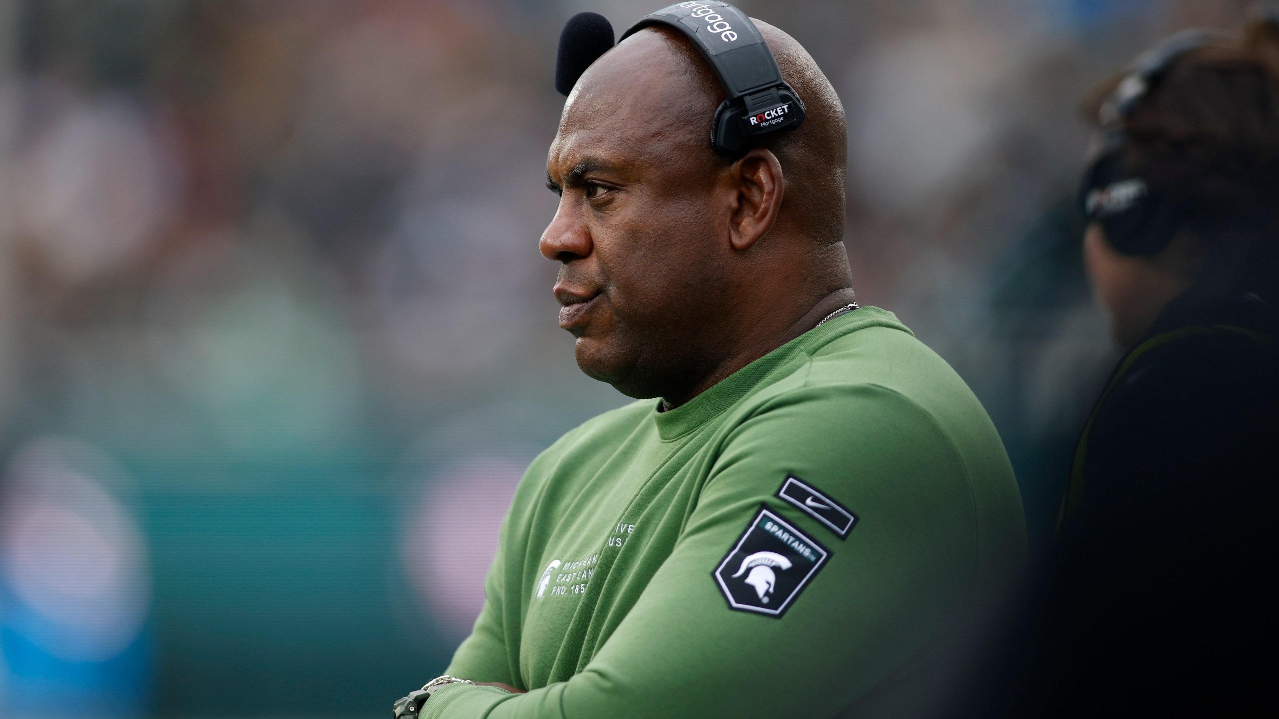 FILE - Michigan State coach Mel Tucker watches the NCAA college football team's game against Rutgers, Nov. 12, 2022, in East Lansing, Mich. Tucker will wrap up spring practice Saturday afternoon, April 15, at Spartan Stadium, where fans will watch a 15-period practice that will include first-string offensive players scrimmaging against the team's top defense. (AP Photo/Al Goldis, File)