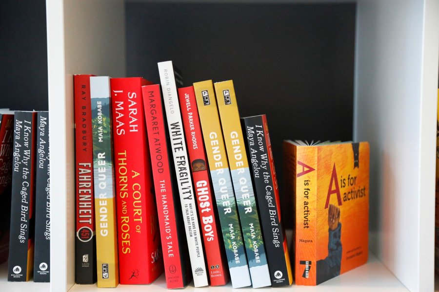 FILE - Books are displayed at the Banned Book Library at American Stage in St. Petersburg, Fla., Feb. 18, 2023. Activists in Louisiana are voicing concerns over a bill advancing in the GOP-controlled House to bar children and teens from accessing public library books deemed “sexually explicit,” saying the proposal could be used to target LGBTQ+ content. (Jefferee Woo/Tampa Bay Times via AP, File)