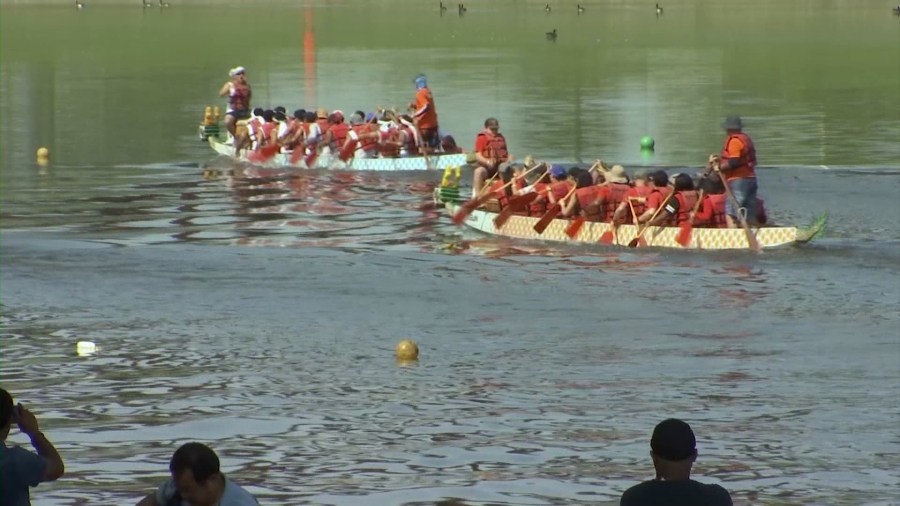Dragon boats racing on the Scioto River