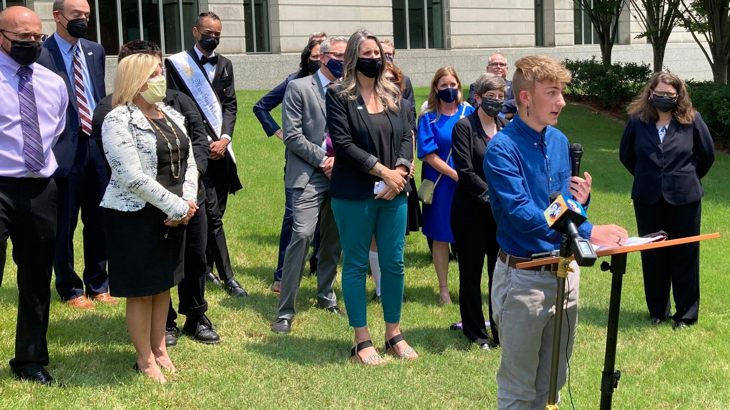 FILE - Dylan Brandt speaks at a news conference outside the federal courthouse in Little Rock, Ark., July 21, 2021. Brandt, a teenager, is among several transgender youth and families who are plaintiffs challenging a state law banning gender confirming care for trans minors. A federal judge struck down Arkansas' first-in-the-nation ban on gender-affirming care for children as unconstitutional Tuesday, June 20, 2023. (AP Photo/Andrew DeMillo, File)