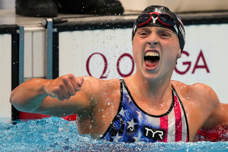 FILE - Katie Ledecky, of the United States, reacts after winning the women's 1500-meters freestyle final at the 2020 Summer Olympics, July 28, 2021, in Tokyo, Japan. Ledecky started off the U.S. national championships Tuesday, June 27, 2023, with a dazzling performance in the 800-meter freestyle. She turned in her fastest time since setting the world record at the 2016 Rio Olympics. At 26, Ledecky has already sealed her legacy as one of the greatest freestyle swimmers the sport has ever witnessed, yet she shows no signs of slowing down. (AP Photo/Matthias Schrader, File)