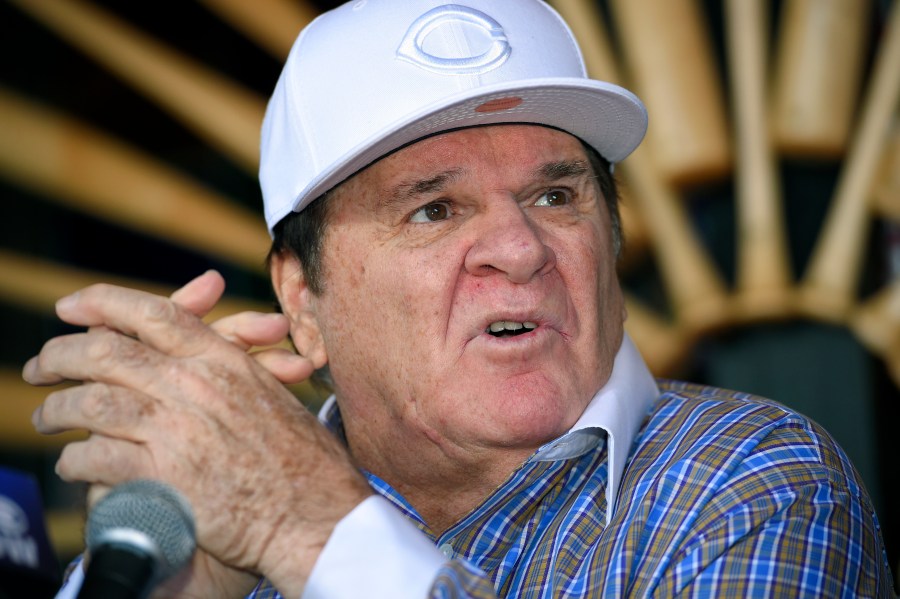 FILE - In this Dec. 15, 2015, file photo, former baseball player and manager Pete Rose speaks at a news conference in Las Vegas. Baseball Commissioner Rob Manfred has no intention of altering Pete Rose's lifetime ban from baseball and said the sport's commercial deals with gambling companies have no impact on the status of the career hits leader. (AP Photo/Mark J. Terrill, File)