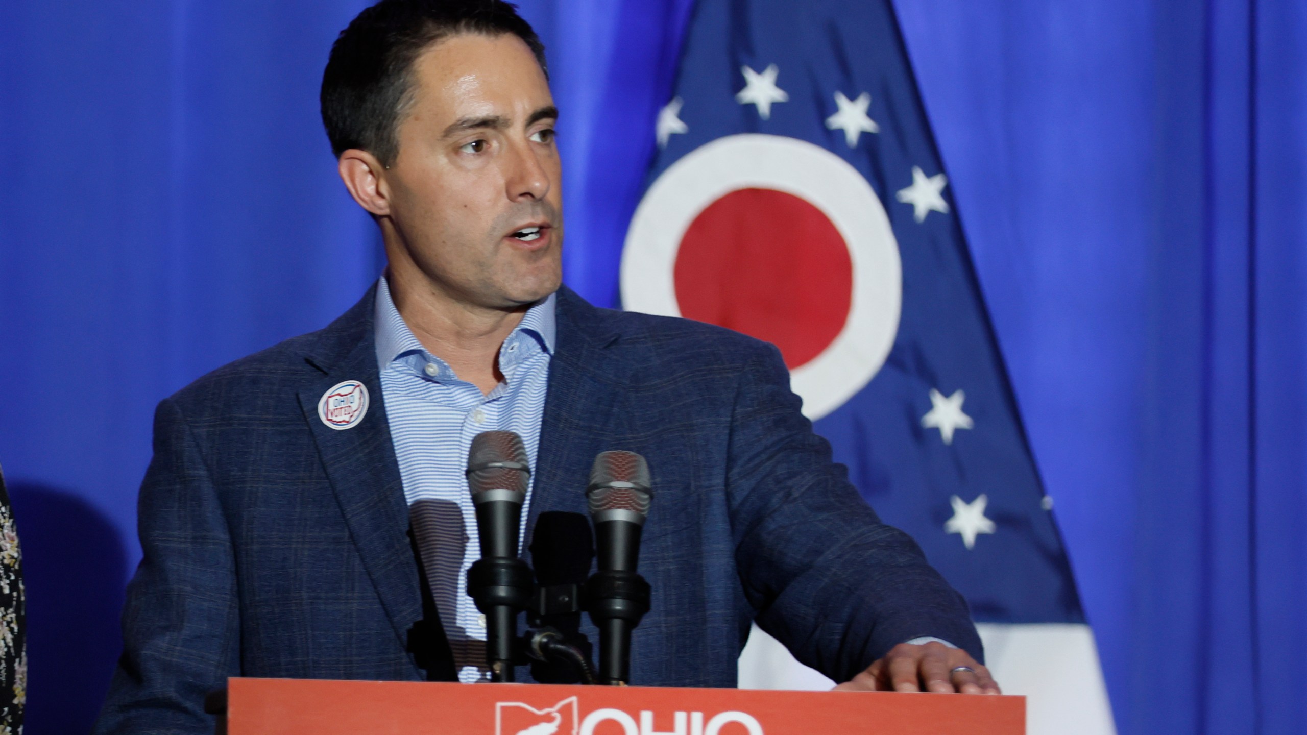 FILE - Republican Ohio Secretary of State Frank LaRose speaks during an election night watch party, Nov. 8, 2022, in Columbus, Ohio. LaRose, the most prominent Republican in the race to unseat Democratic U.S. Sen. Sherrod Brown in 2024, has fired one of his top aides after social media posts surfaced in which the staffer criticized Donald Trump. LaRose's office confirmed press secretary Rob Nichols's departure on Wednesday, Aug. 16, 2023. (AP Photo/Jay LaPrete, File)