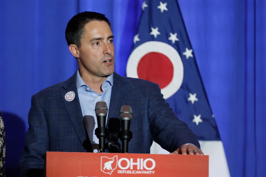 FILE - Republican Ohio Secretary of State Frank LaRose speaks during an election night watch party, Nov. 8, 2022, in Columbus, Ohio. LaRose, the most prominent Republican in the race to unseat Democratic U.S. Sen. Sherrod Brown in 2024, has fired one of his top aides after social media posts surfaced in which the staffer criticized Donald Trump. LaRose's office confirmed press secretary Rob Nichols's departure on Wednesday, Aug. 16, 2023. (AP Photo/Jay LaPrete, File)