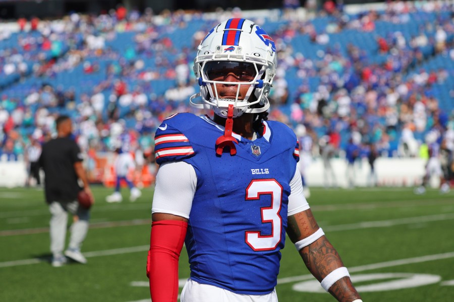 Buffalo Bills safety Damar Hamlin warms up prior to an NFL football game against the Miami Dolphins, Sunday, Oct. 1, 2023, in Orchard Park, N.Y. (AP Photo/Jeffrey T. Barnes)