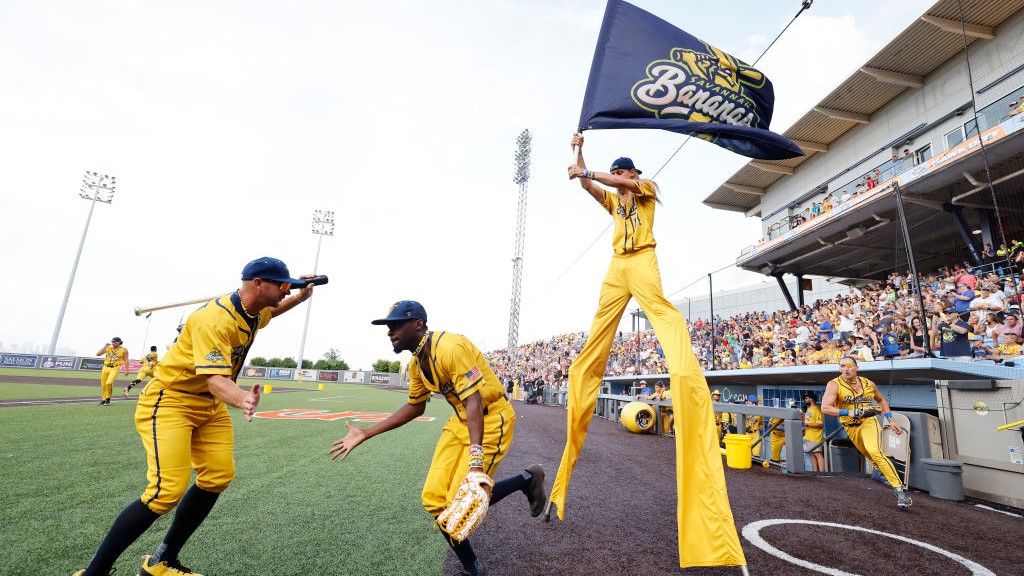 Malachi Mitchell of the Savannah Bananas is introduced before their game against the Party Animals at Richmond County Bank Ball Park on August 12, 2023 in New York City. The Savannah Bananas were part of the Coastal Plain League, a summer collegiate league, for seven seasons. In 2022, the Bananas announced that they were leaving the Coastal Plain League to play Banana Ball year-round. Banana Ball was born out of the idea of making baseball more fast-paced, entertaining, and fun. (Photo by Al Bello/Getty Images)