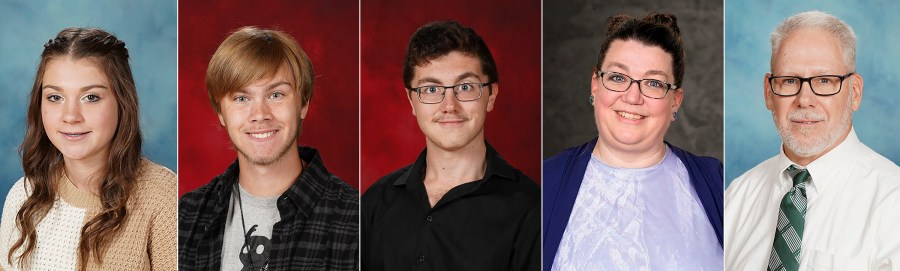 This photo combo provided by Solid Rock Photos shows from left, Katelyn Owens, John Mosely, Jeffery Worrell, Shannon Wigfield, and Dave Kent, who killed in a highway crash on Tuesday, Nov. 14, 2023 in Licking County, Ohio. A charter bus filled with high school students was rear-ended by a semitruck on the Ohio highway, leaving six people dead and others injured. (Solid Rock Photos via AP)