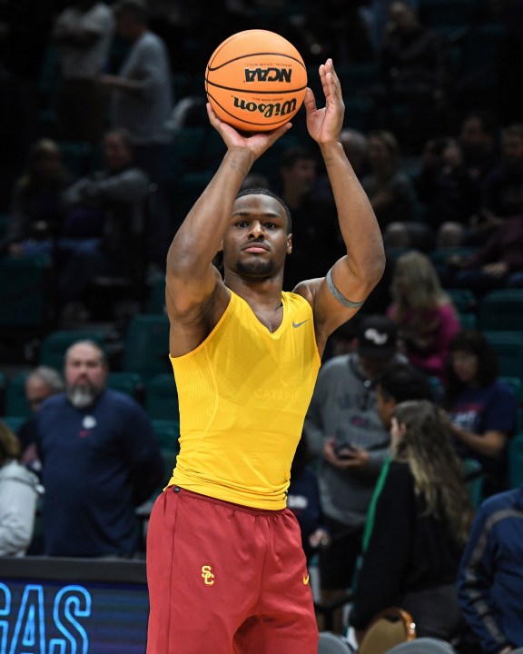 Southern California guard Bronny James warms up before an NCAA college basketball game against Gonzaga Saturday, Dec. 2, 2023, in Las Vegas. (AP Photo/Sam Morris)