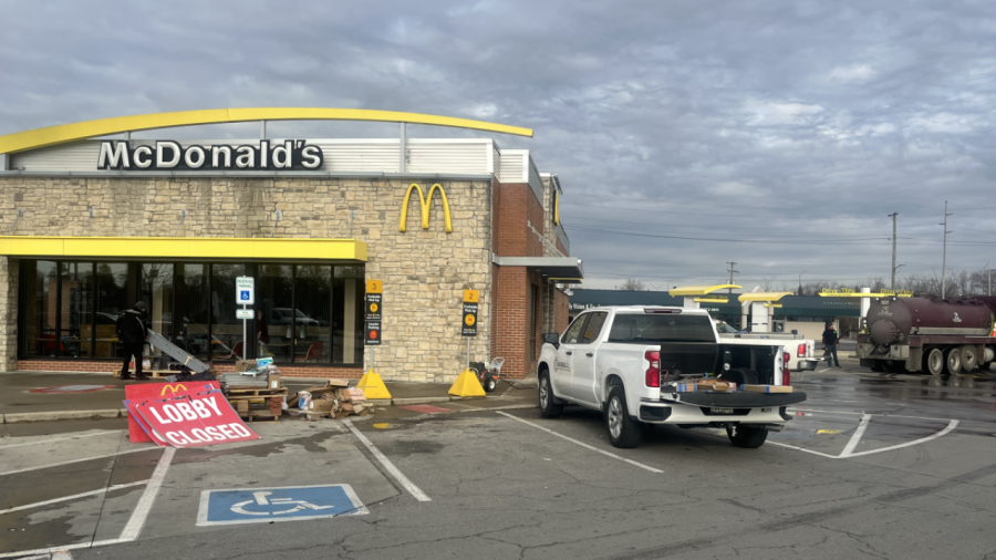 A sign outside of McDonald's on 619 Harrisburg Pike says that the lobby is closed.