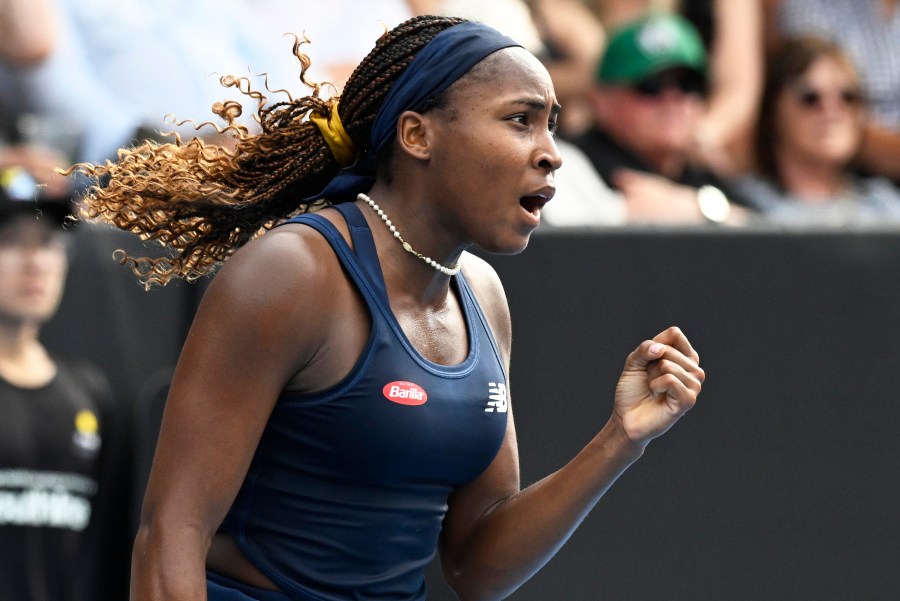 Coco Gauff of the United States reacts during the final of the ASB Tennis Classic against Elina Svitolina of Ukraine in Auckland, New Zealand, Sunday, Jan. 7, 2024. (Andrew Cornaga/Photosport via AP)