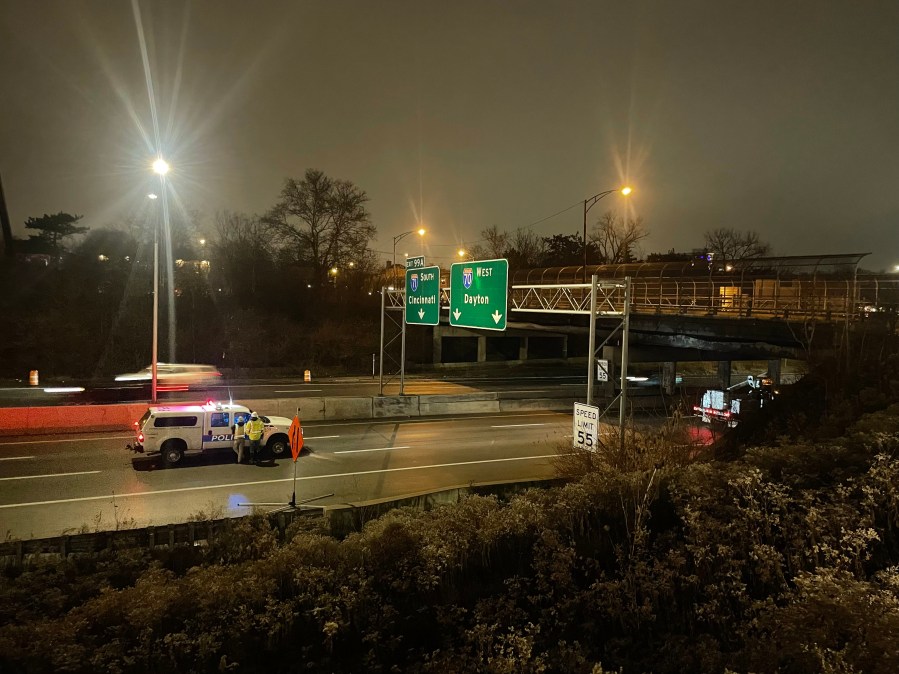 Crews work to repair a bridge at I-70 and South 4th Avenue on Saturday, Jan. 6, 2024. (NBC4)