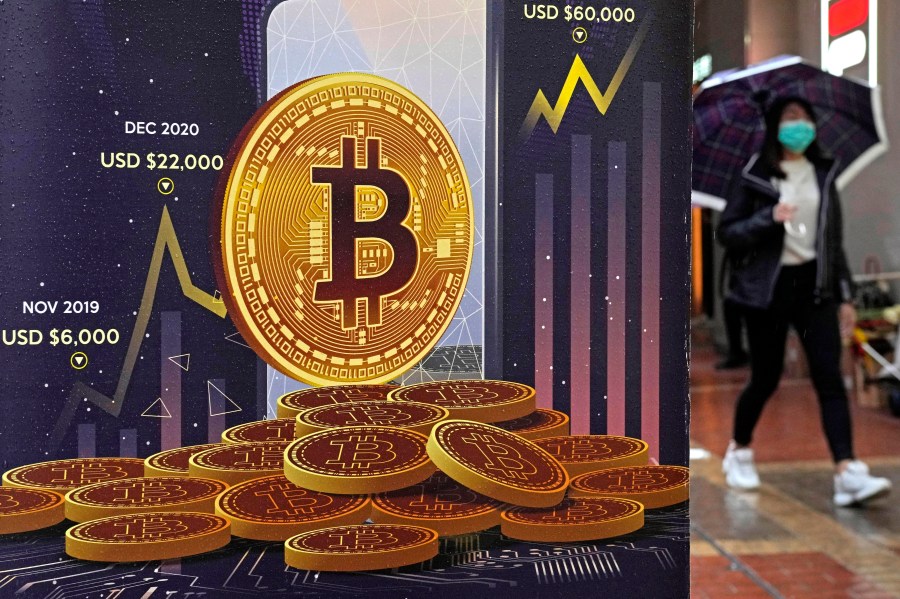 FILE - An advertisement for Bitcoin cryptocurrency is displayed on a street in Hong Kong, on Feb. 17, 2022. Bitcoin briefly hit an all-time high Tuesday, March 5, 2024, with the world's largest cryptocurrency surpassing $68,800, according to CoinMarketCap. (AP Photo/Kin Cheung, File)