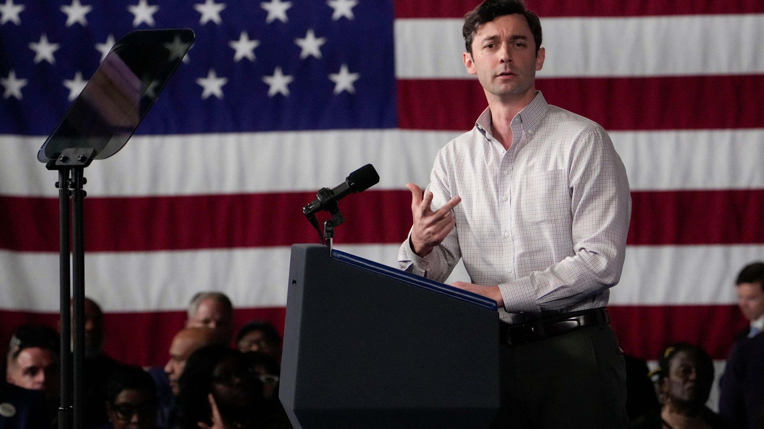 Sen. Jon Ossoff, D-Ga., speaks before President Joe Biden at a campaign rally Saturday, March 9, 2024, at Pullman Yards in Atlanta. (AP Photo/Manuel Balce Ceneta)