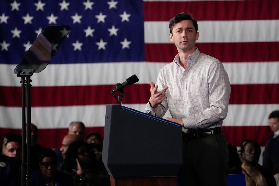 Sen. Jon Ossoff, D-Ga., speaks before President Joe Biden at a campaign rally Saturday, March 9, 2024, at Pullman Yards in Atlanta. (AP Photo/Manuel Balce Ceneta)
