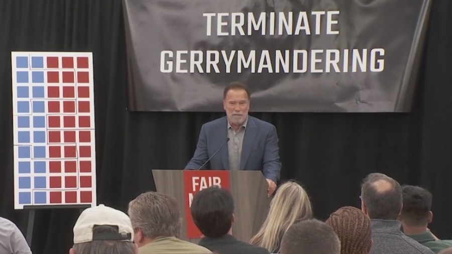 Arnold Schwarzenegger addresses the Terminate Gerrymandering event during The Arnold Sports Festival on Sunday, March 3, 2024. (NBC4)