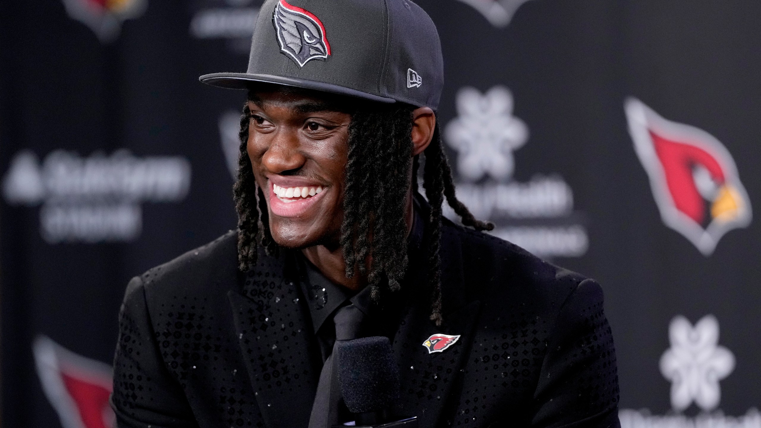 Arizona Cardinals first round draft pick Marvin Harrison Jr. speaks at an NFL football press conference, Friday, April 26, 2024, at the teams' facility in Tempe, Ariz. (AP Photo/Matt York)