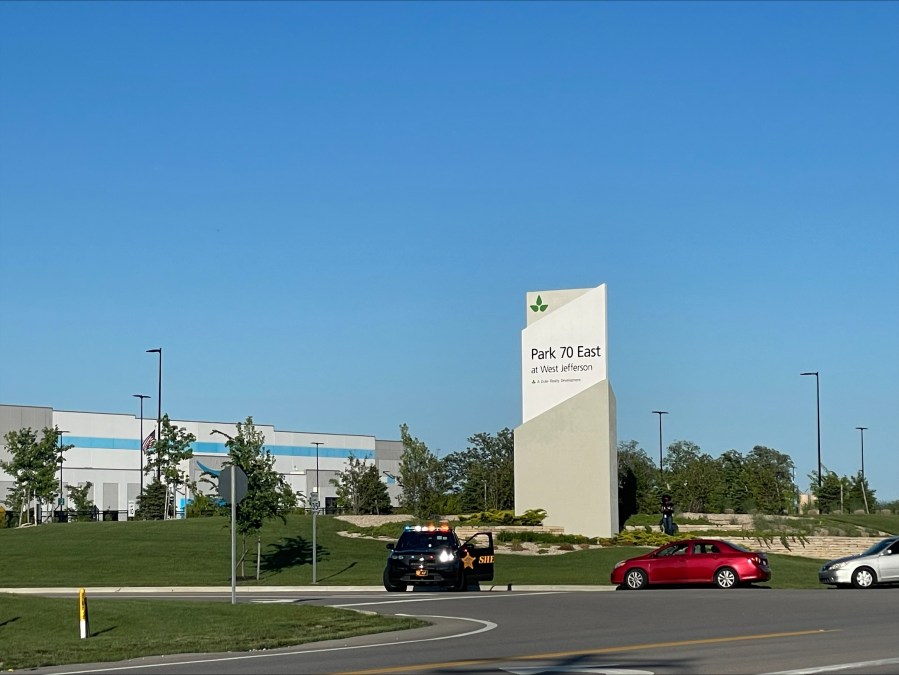 Police officials respond to an active shooter call at the Amazon Fulfillment Center in West Jefferson on Sunday, May 12, 2024. (JACKIE GILLIS/NBC4)