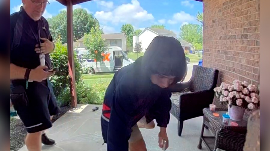 A security camera captures the moment a suspect stole a package right in front of the FedEx driver that dropped it off. (Courtesy Photo/Kyle Dorsch)