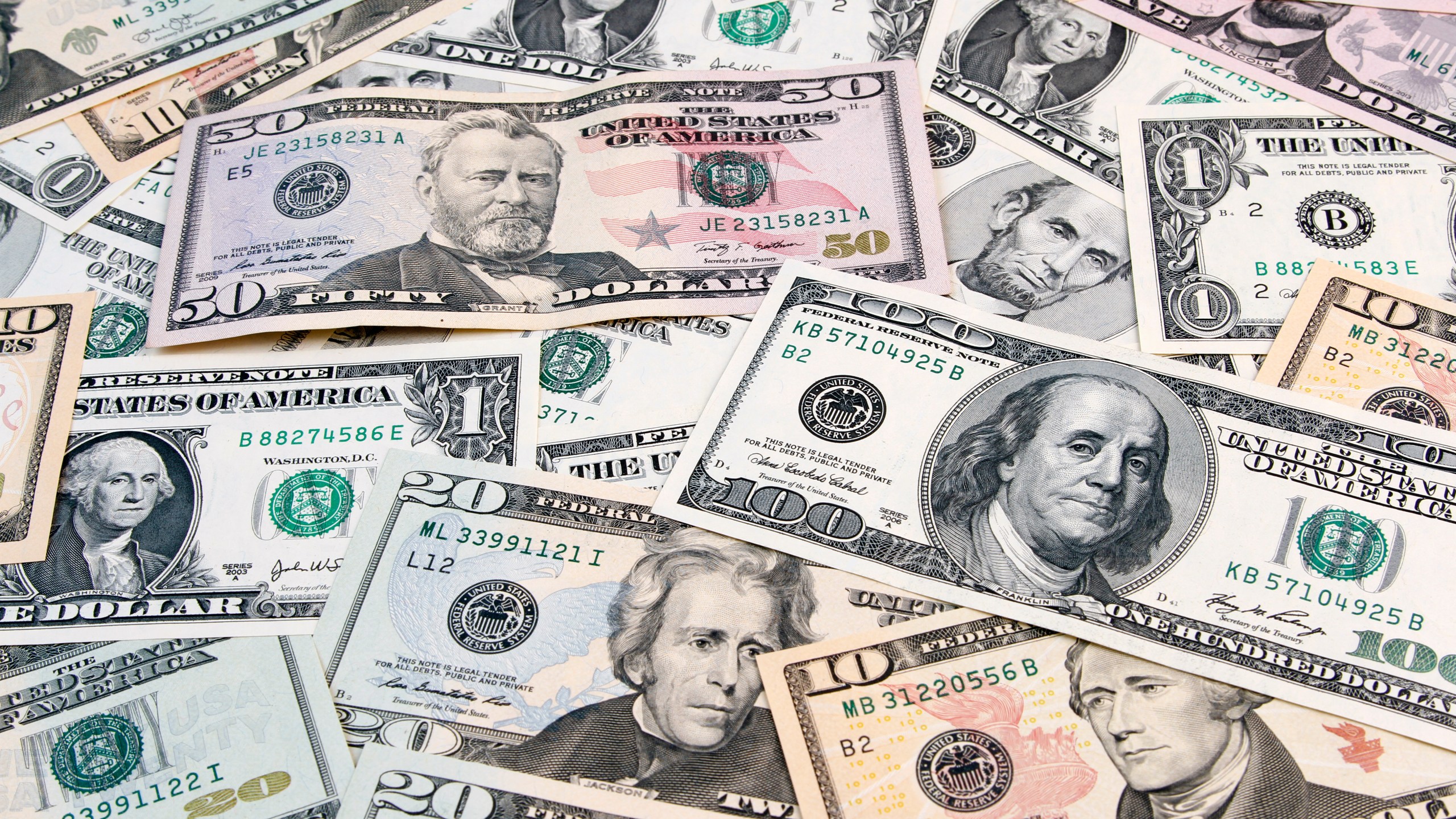 Closeup of assorted American banknotes