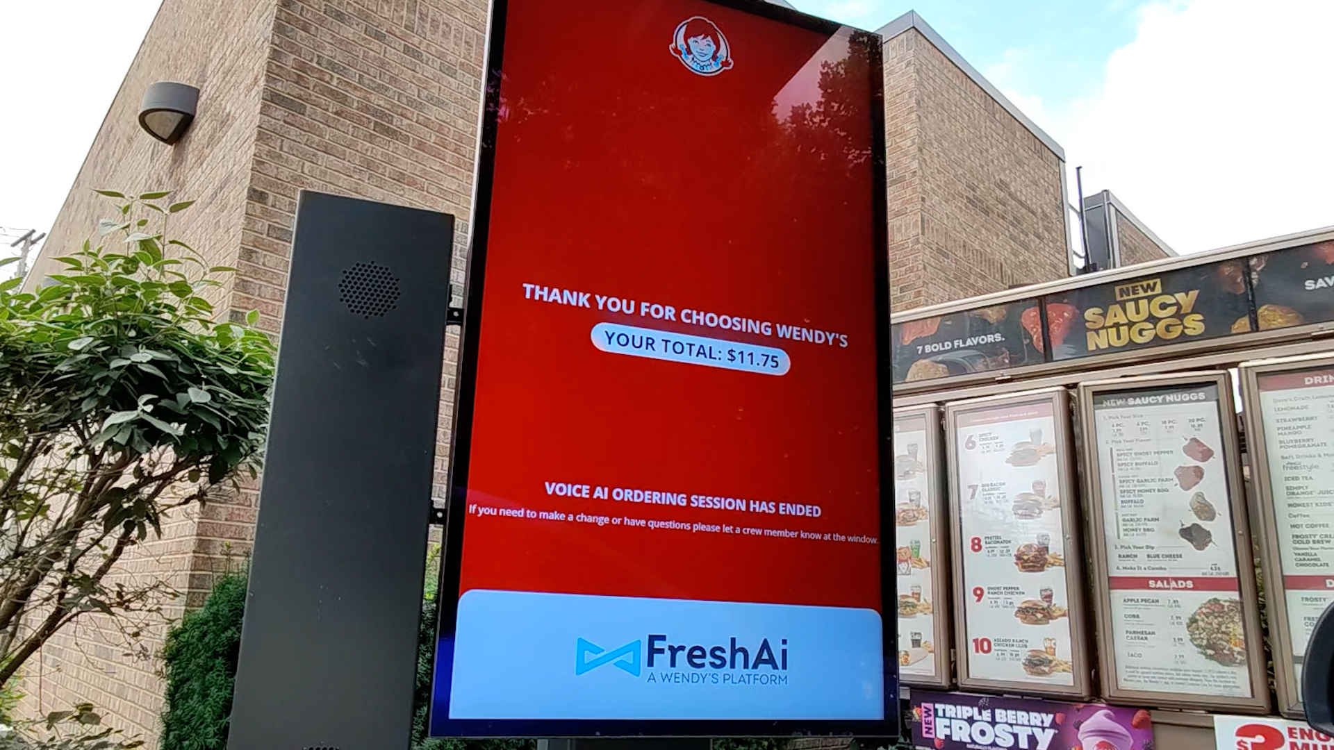 A drive-through screen at a Columbus store shows the Wendy's Fresh AI logo after completing an order. (NBC4 Photo/Mark Feuerborn)