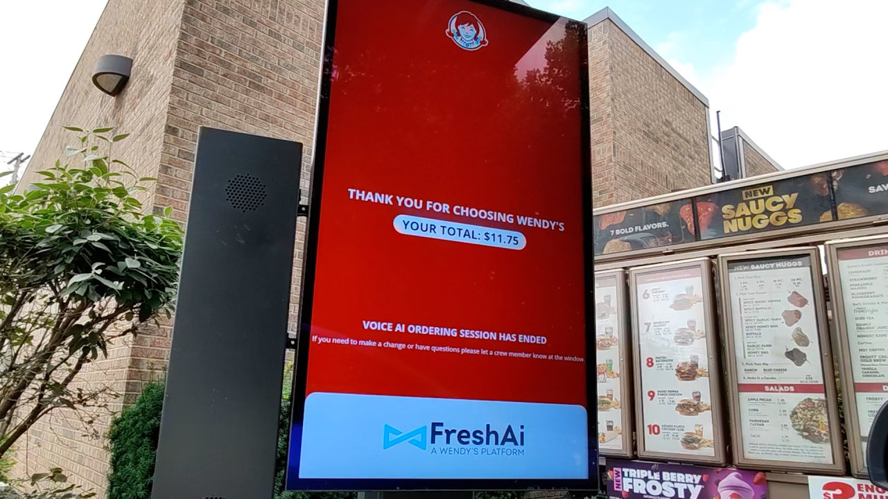 A drive-through screen at a Columbus store shows the Wendy's Fresh AI logo after completing an order. (NBC4 Photo/Mark Feuerborn)
