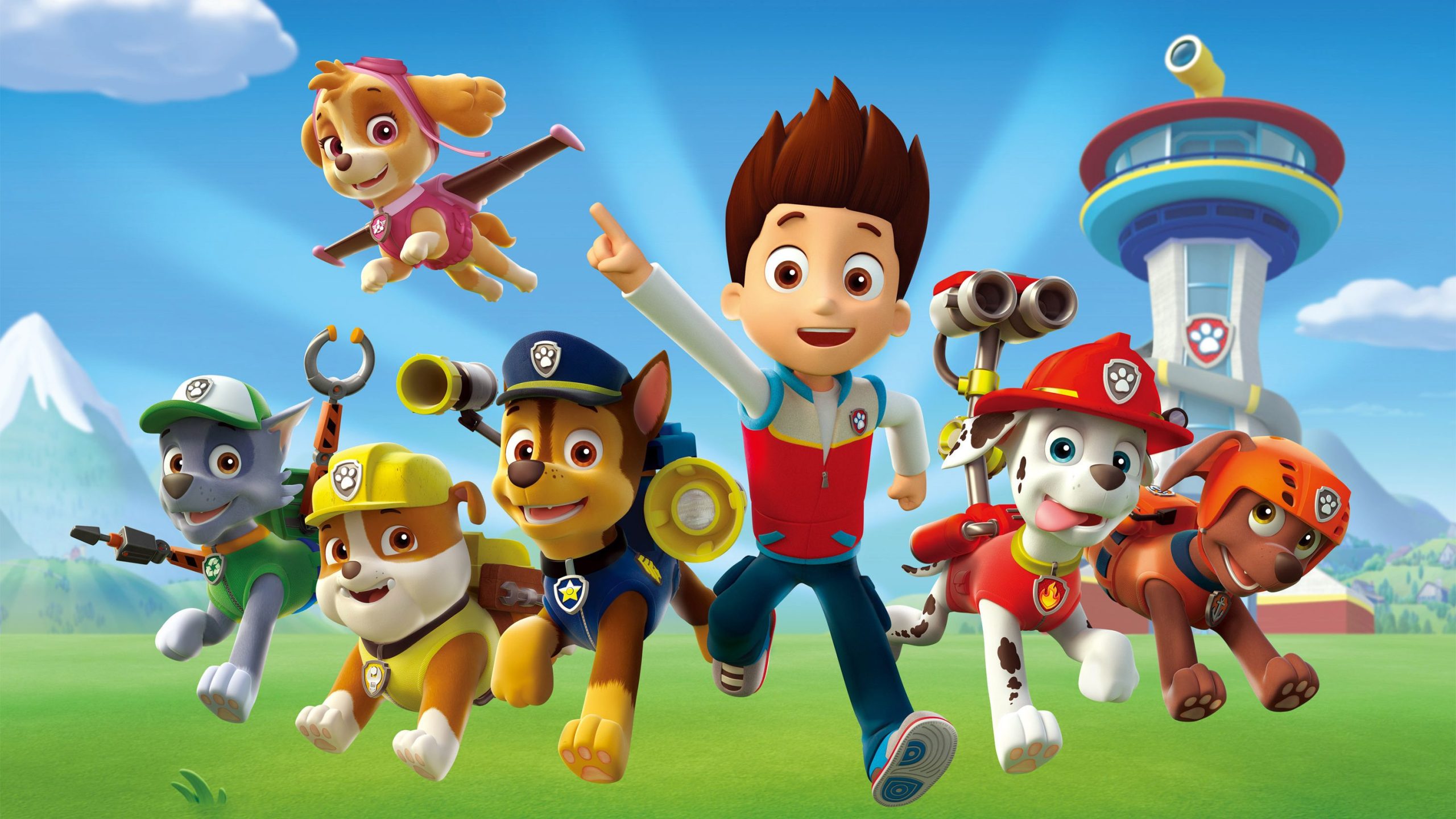 Pictured: (flying) Skye, (l-r) Zuma, Rubbble, Chase, Ryder,Marshall and Rocky in PAW PATROL on NICKELODEON. Photo: Nickelodeon. ©2013 Viacom, International, Inc. All Rights Reserved