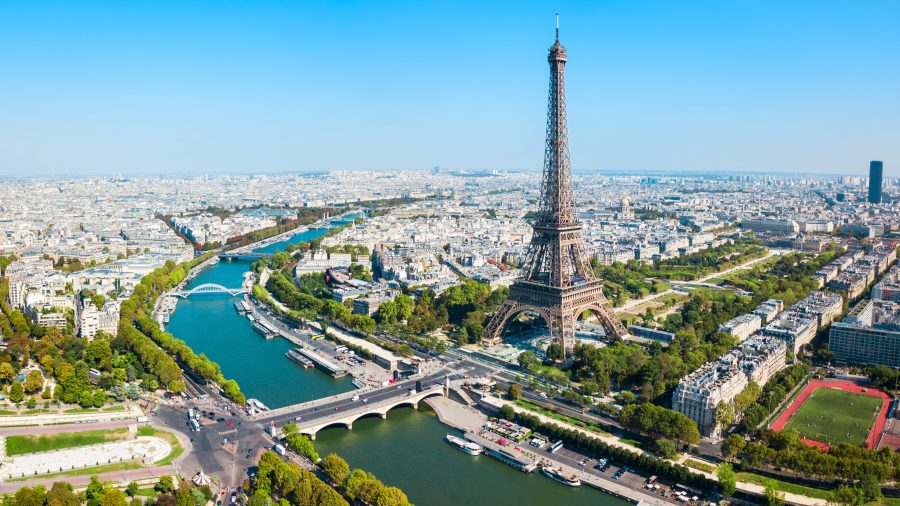 Eiffel Tower or Tour Eiffel aerial view, is a wrought iron lattice tower on the Champ de Mars in Paris, France