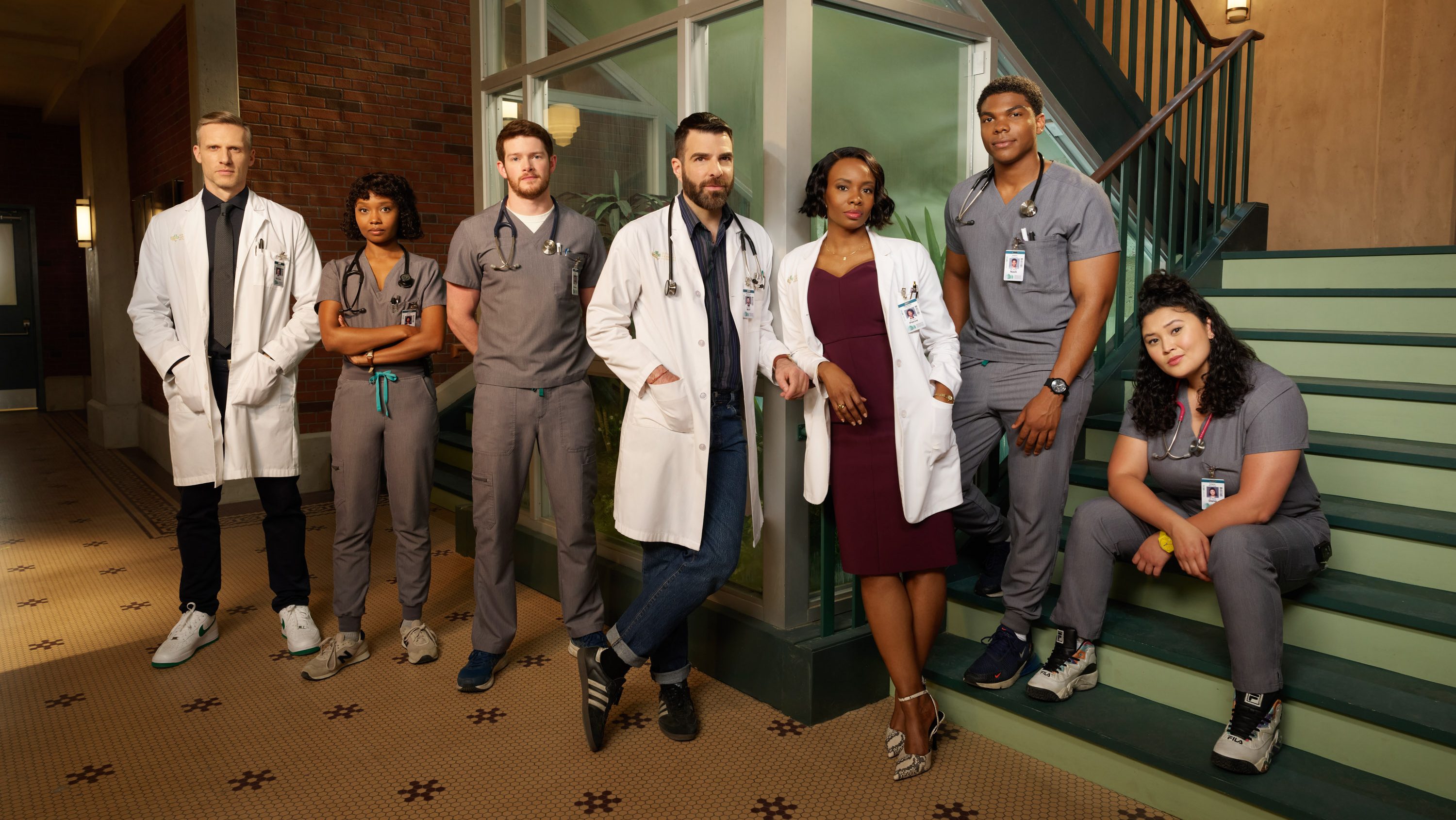 BRILLIANT MINDS -- Season: 1 -- Pictured: (l-r) Teddy Sears as Dr. Josh Nichols, Ashleigh LaThrop as Dr. Ericka Kinney, Alex MacNicholl as Dr. Van Markus, Zachary Quinto as Dr. Oliver Wolf, Tamberla Perry as Dr. Carol Pierce, Spence Moore II as Dr. Jacob Nash, Aury Krebs as Dr. Dana Dang -- (Photo by: Brendan Meadows/NBC)
