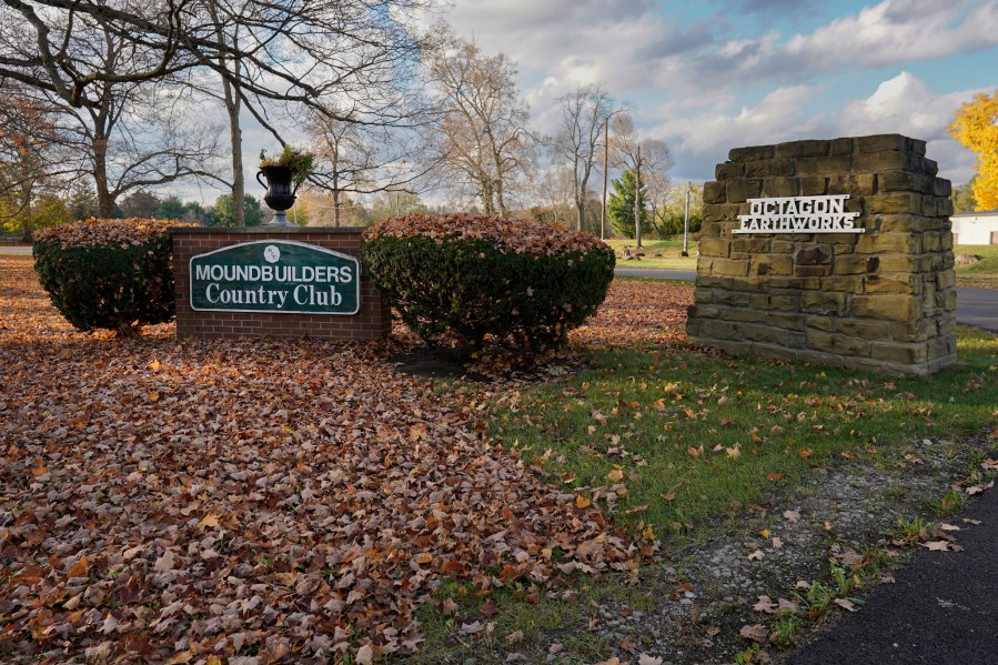 The entrance to the private Moundbuilders Country Club, the site of the Octagon Earthworks, is seen in Newark, Ohio, on Tuesday, Oct. 31, 2023. (AP Photo/Carolyn Kaster)