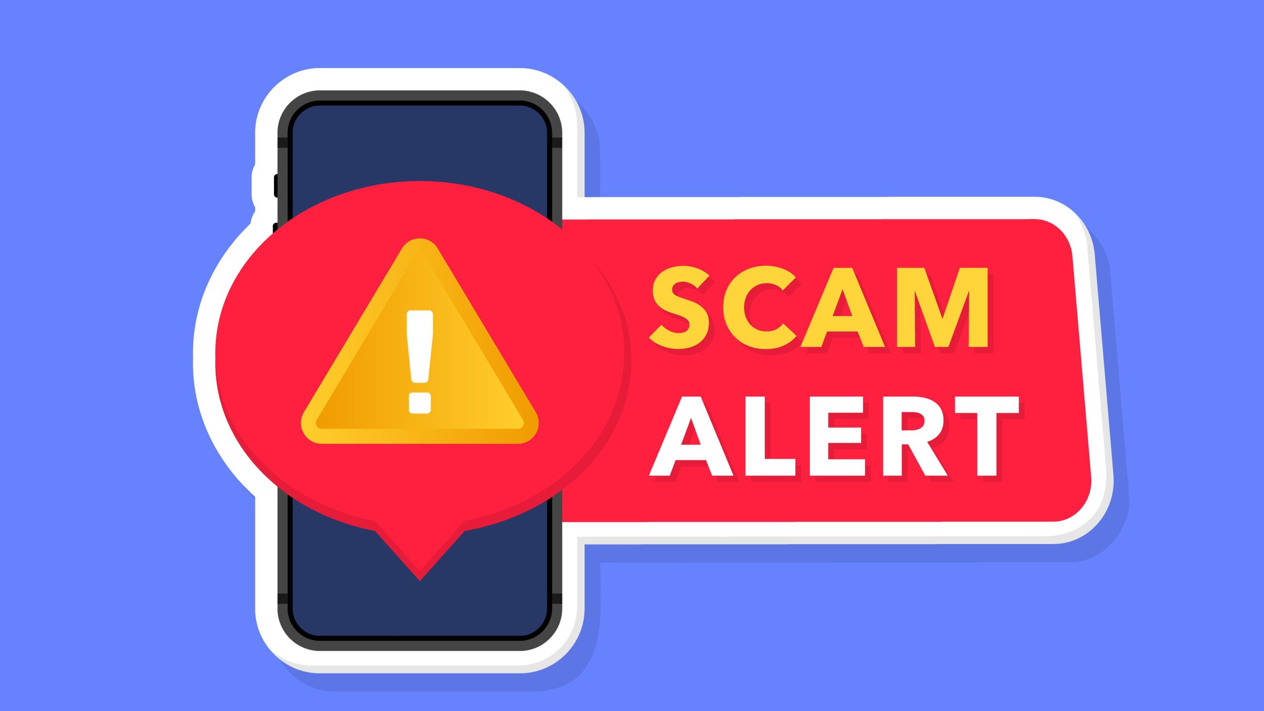 Scam alert. Icon phone with red scam danger warning. Spam email message distribution, malware spreading virus. Hacker attack and web security vector concept, phishing scam. Internet security.