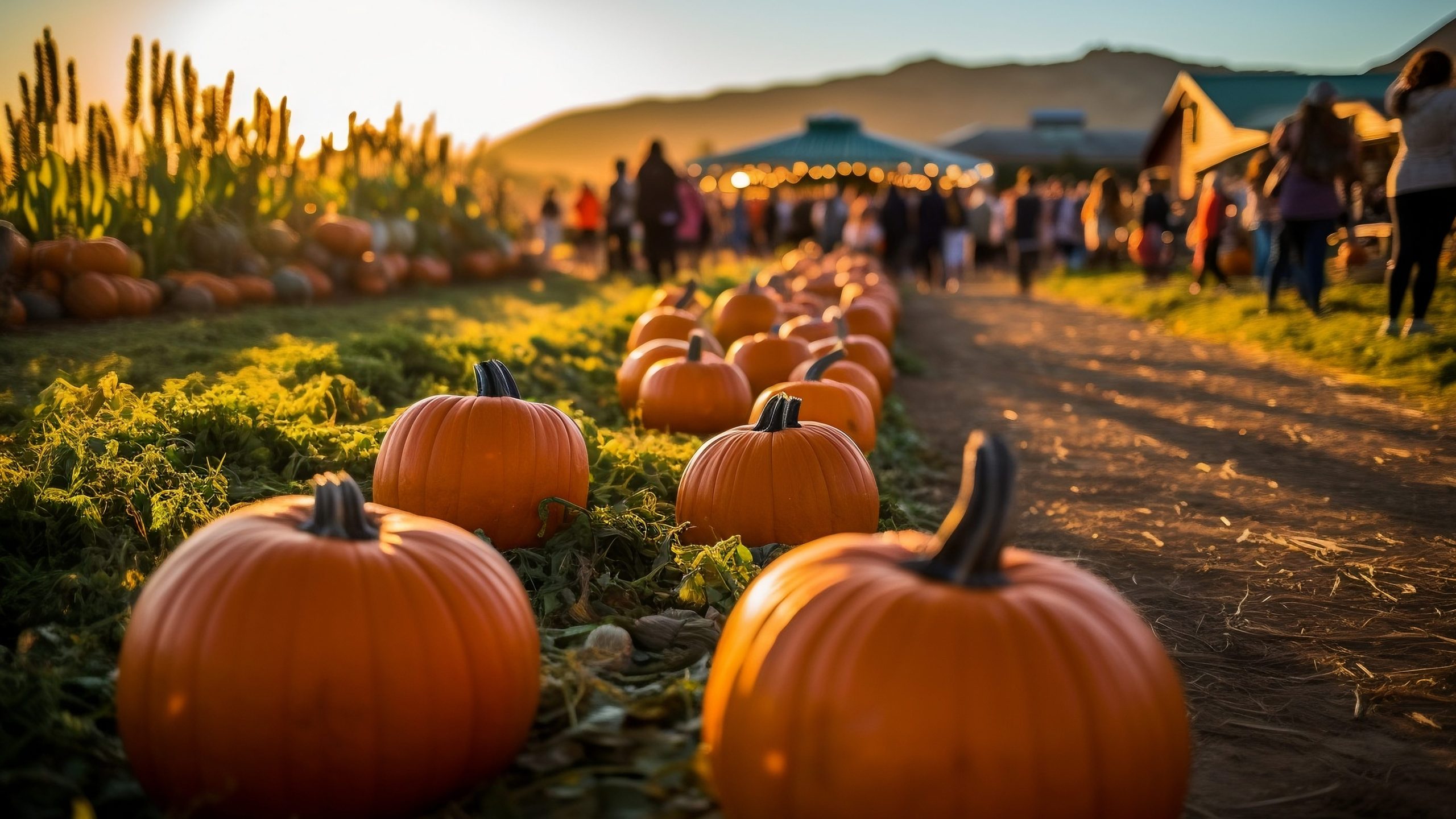 pumpkin patch farm fall autumn festival with people and stalls (Adobe Stock)