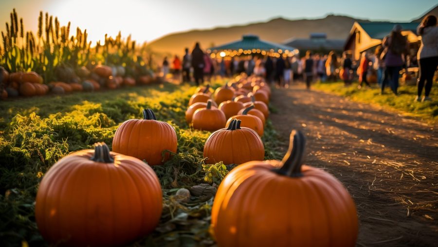 pumpkin patch farm fall autumn festival with people and stalls (Adobe Stock)
