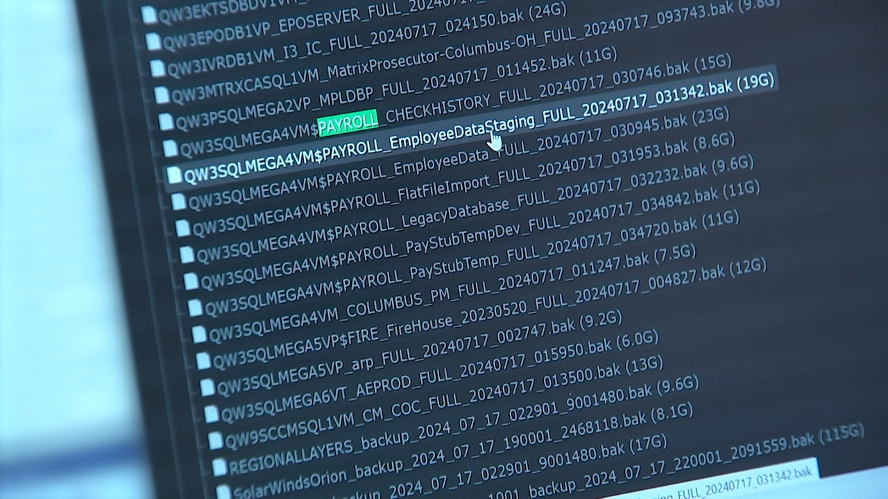 Multiple databases from the City of Columbus are listed as available files to download in Rhysida's leak on the dark web. (NBC4 Photo/Mike Klug)