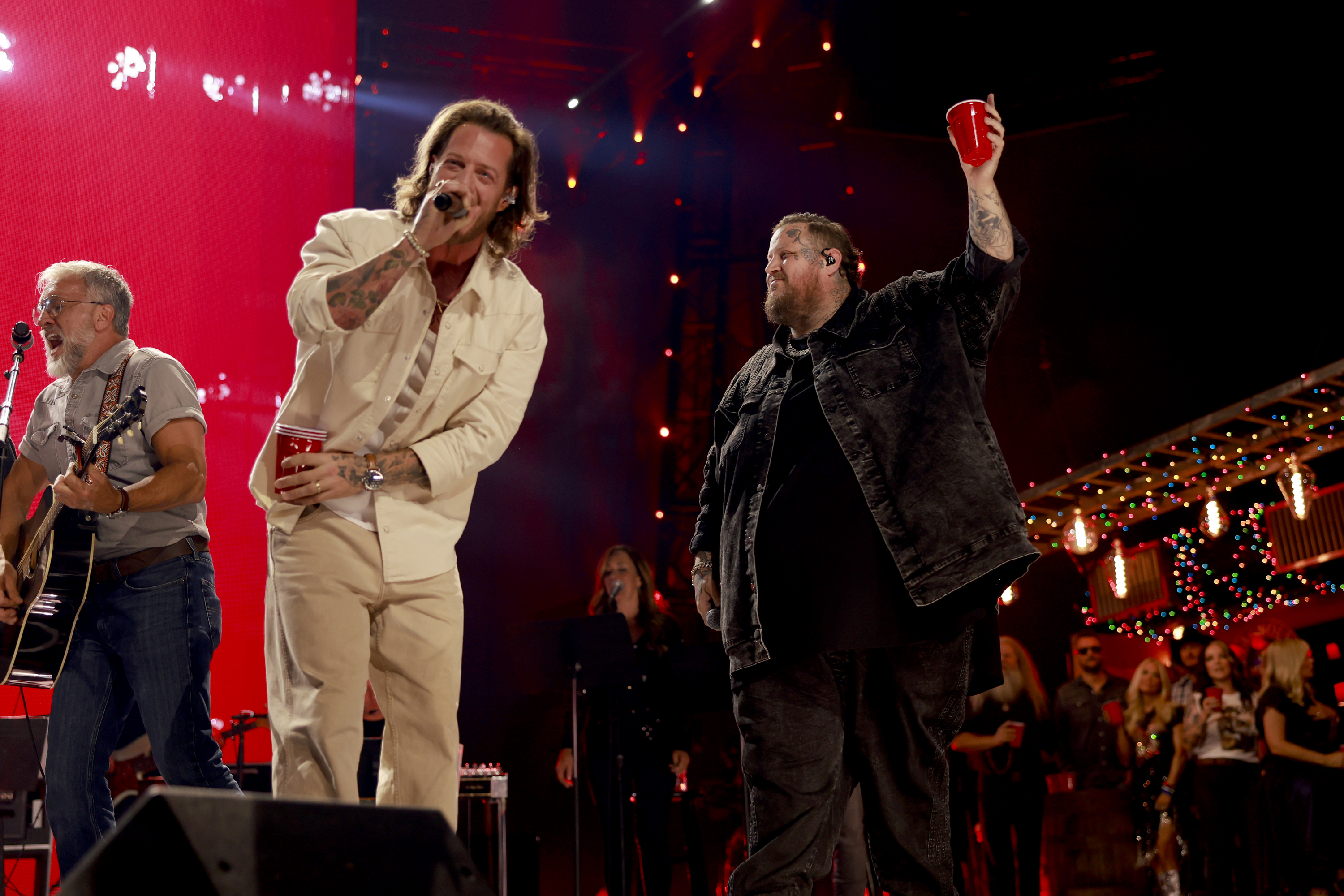 TOBY KEITH: AMERICAN ICON -- Pictured: (l-r) Tyler Hubbard and Jelly Roll performs onstage at Bridgestone Arena on July 29, 2024 in Nashville, Tennessee -- (Photo by Jason Kempin/Getty Images for Universal Music Group)