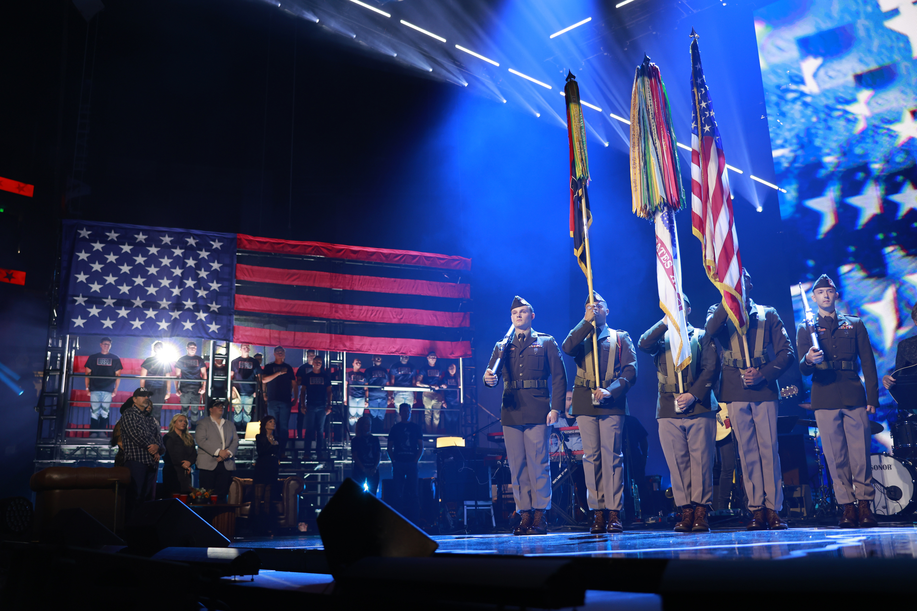 TOBY KEITH: AMERICAN ICON -- Pictured: The Honor Guard and Army Band perform onstage at Bridgestone Arena on July 29, 2024 in Nashville, Tennessee -- (Photo by Jason Kempin/Getty Images for Universal Music Group)