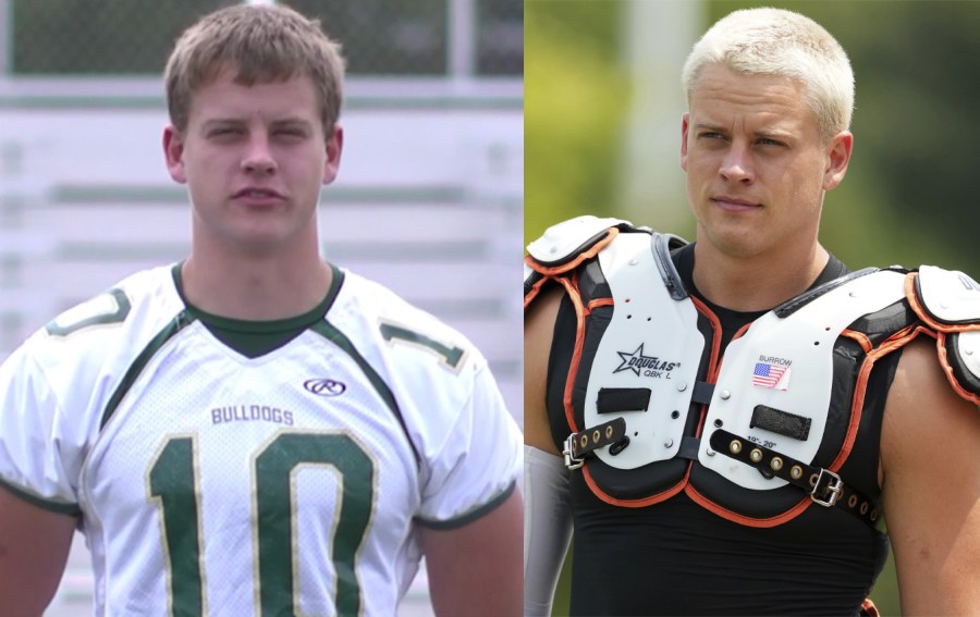Joe Burrow with Athens High School and the Cincinnati Bengals (NBC4, left; AP, right)