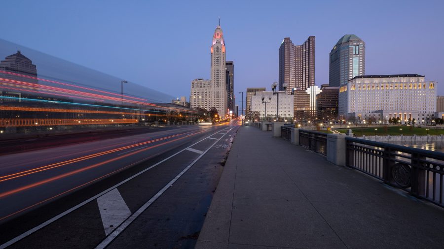 Evening Columbus Ohio skyline along the Scioto River at dusk (Adobe Stock)