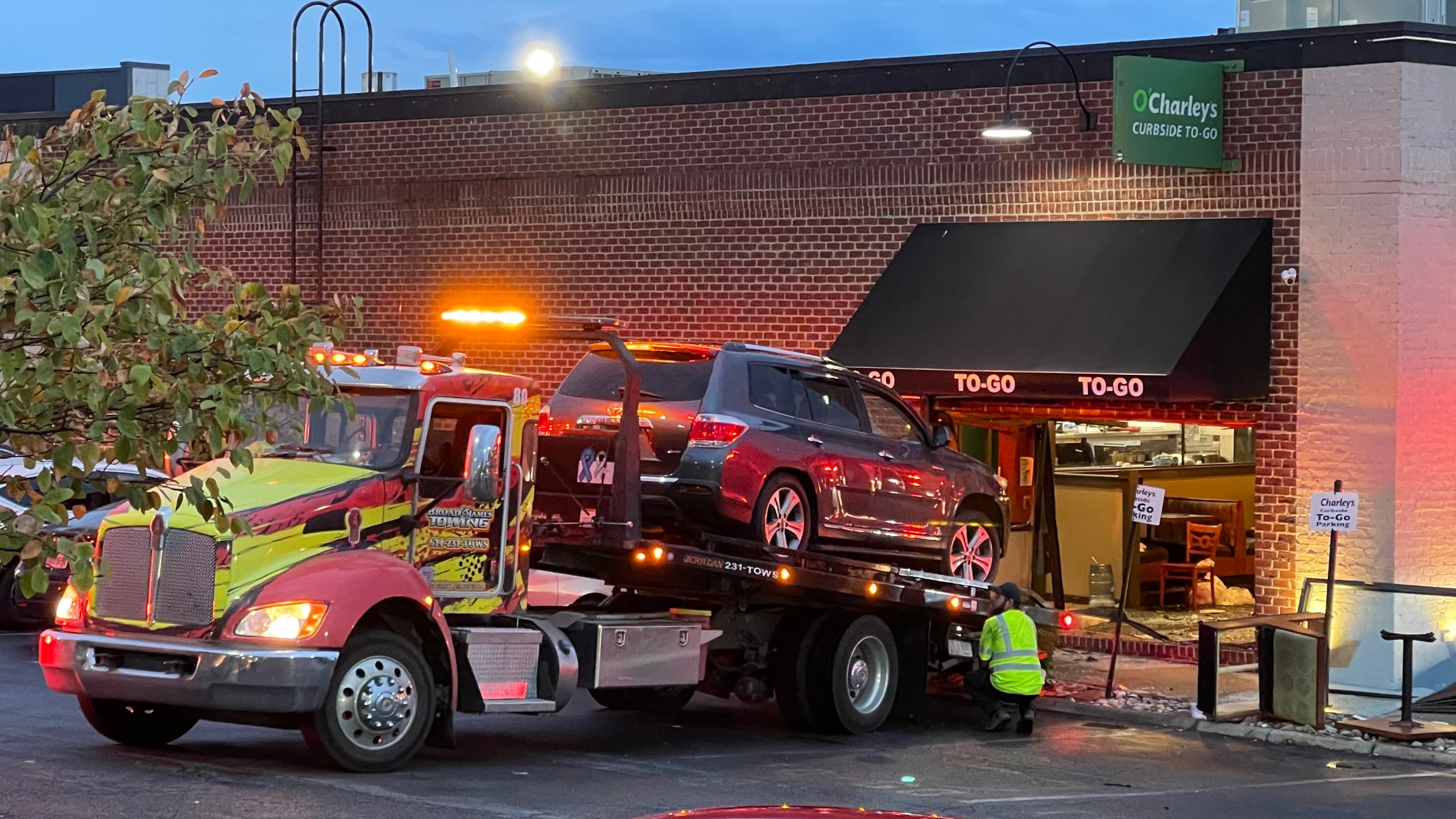 First responders at the scene of an O'Charley's restaurant in Reynoldsburg after a car drove into the building on Sunday, Sept. 22. 2024. (KYLE BEACHY/NBC4)