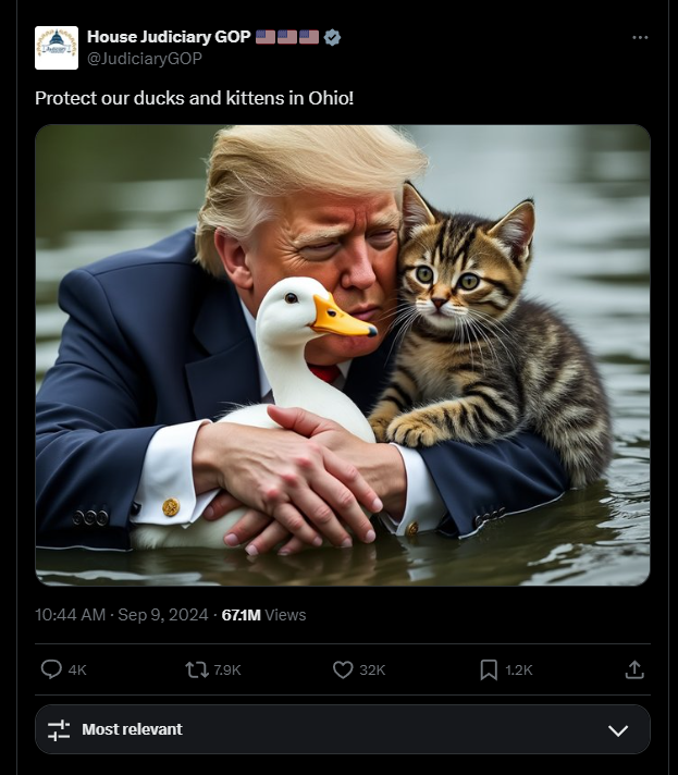 The X account for Republicans in the U.S. House Committee on the Judiciary shares an AI-generated photo of former president Donald Trump with a kitten and duck. The caption alludes to Springfield.