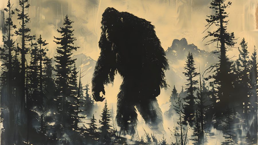 Black and white drawing of Bigfoot walking through the forest