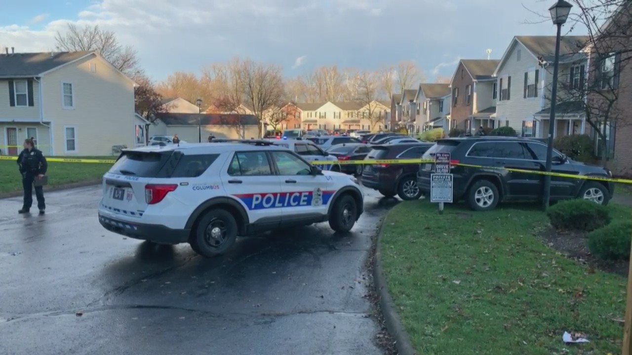 Columbus police set up crime scene tape Nov. 20, 2024 in the area of an officer-involved shooting. (NBC4 Photo/Steve Wainfor)