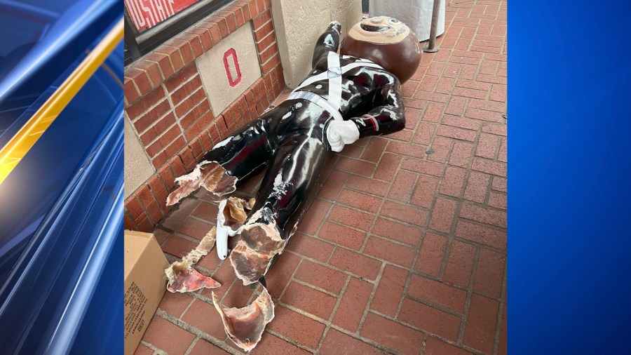 The Brutus the Buckeye statue that was vandalized sometime overnight on Nov. 23 at College Traditions on West Lane Avenue in Columbus near the Ohio State University campus. (COLLEGE TRADITIONS)