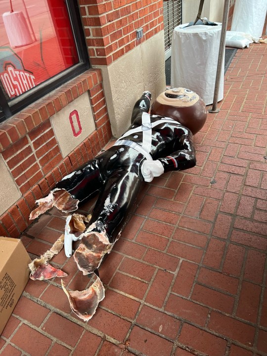 The Brutus the Buckeye statue that was vandalized sometime overnight on Nov. 23 at College Traditions on West Lane Avenue in Columbus near the Ohio State University campus. (COLLEGE TRADITIONS)